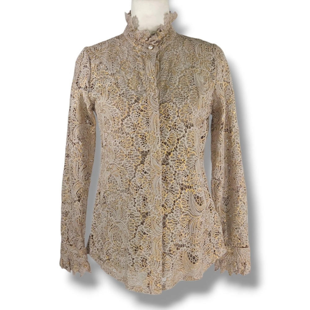 Soft Surroundings 2Pc Lace Blouse‎ Cami Set Gold Metallic Ruffle Neck Beige XS